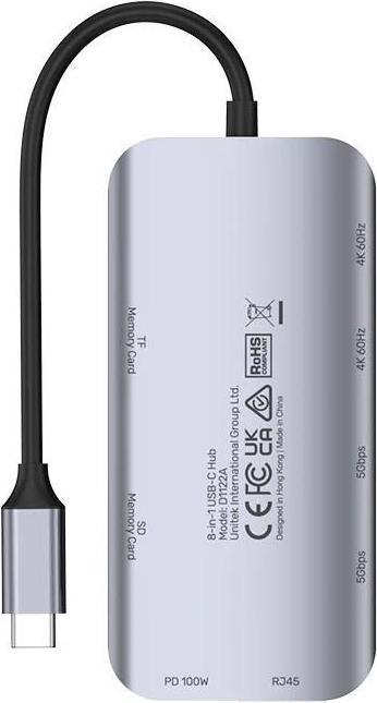 Actual product image Unitek AKTYWNY HUB USB-C 2X HDMI CZYTNIK SD 4K RJ-45 PD 100W 5 GBPS (USB-C, 8 Ports)