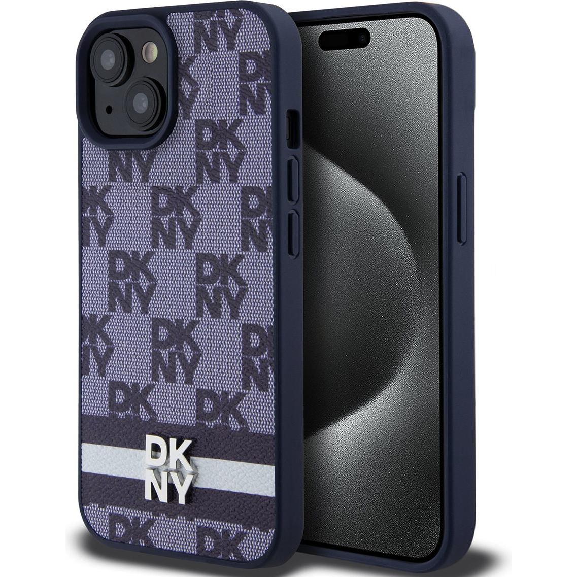 DKNY PU Leather Checkered Pattern and Stripe Case for iPhone 15 Blue (Apple iPhone 15), Smartphone Hülle, Blau