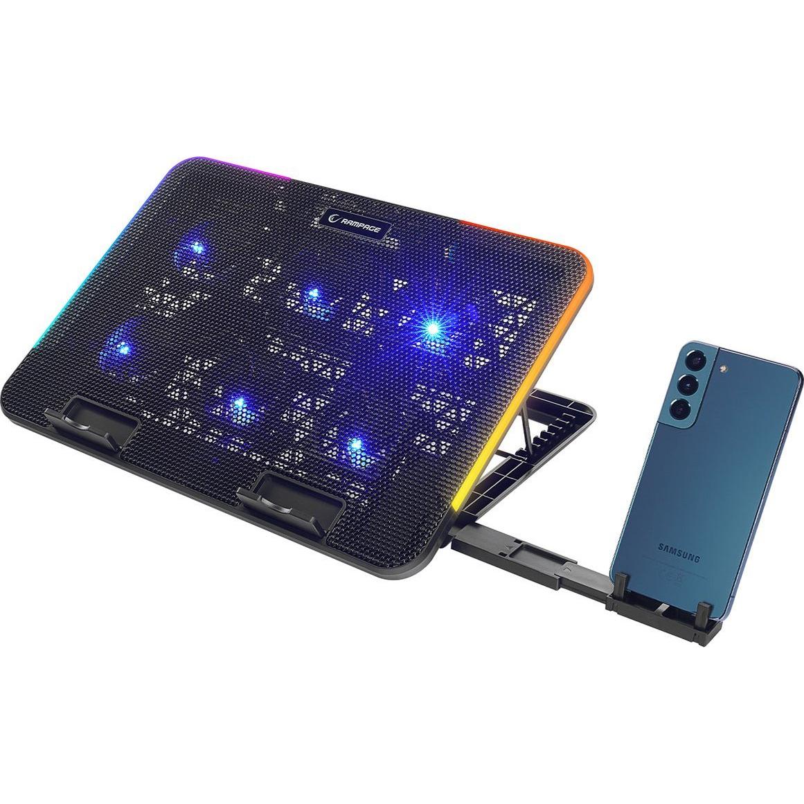Rampage Notebook Hűtőpad 15,6"-ig - SIXPOWER R9 (fém rács 6xventi, RGB, 2xUSB-A, kék LED), Supporto per notebook
