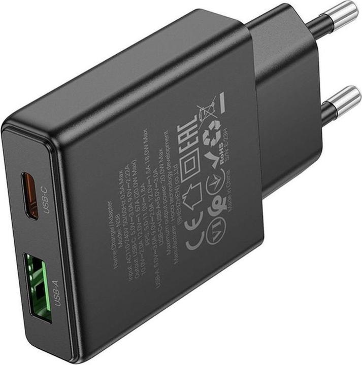 Actual product image Hoco Adapter slim wall charger USB A + Type C PD QC3.0 3A 20W N38 black (20 W)