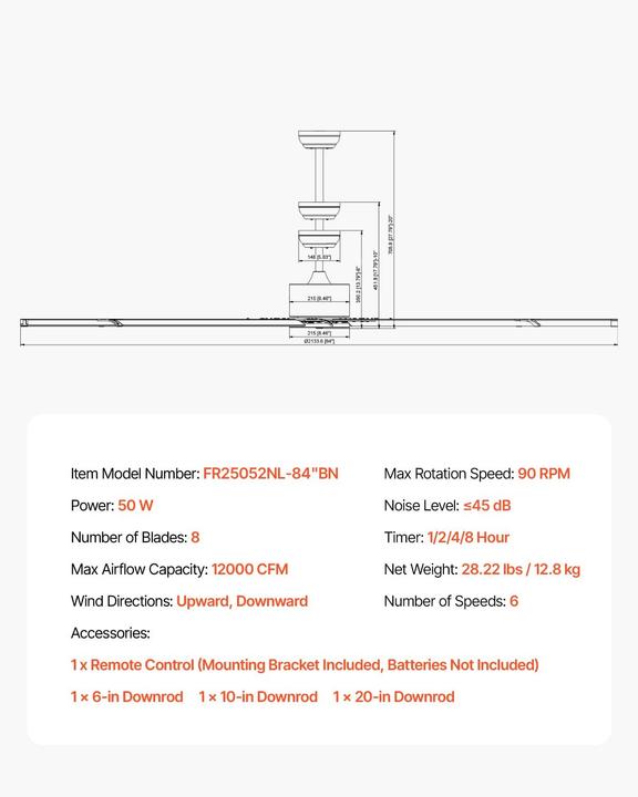 Actual product image Vevor Ceiling Fan Without Lighting Remote Control Brushed Nickel (45 dB)