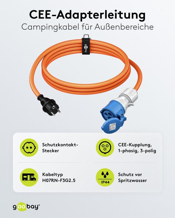 Produktbild Goobay CEE-Adapterleitung, Schutzkontakt-Stecker auf CEE-Kupplung (1.50 m, CEE 16/5)