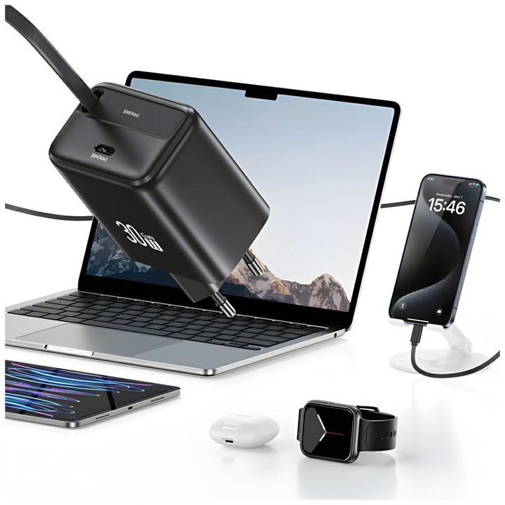 Produktbild Usams Ład. siec. 1xUSB-C ze zwijanym kablem USB-C Retractable PD+QC 30W Gan Fast Charging czarny/bla (30 W)