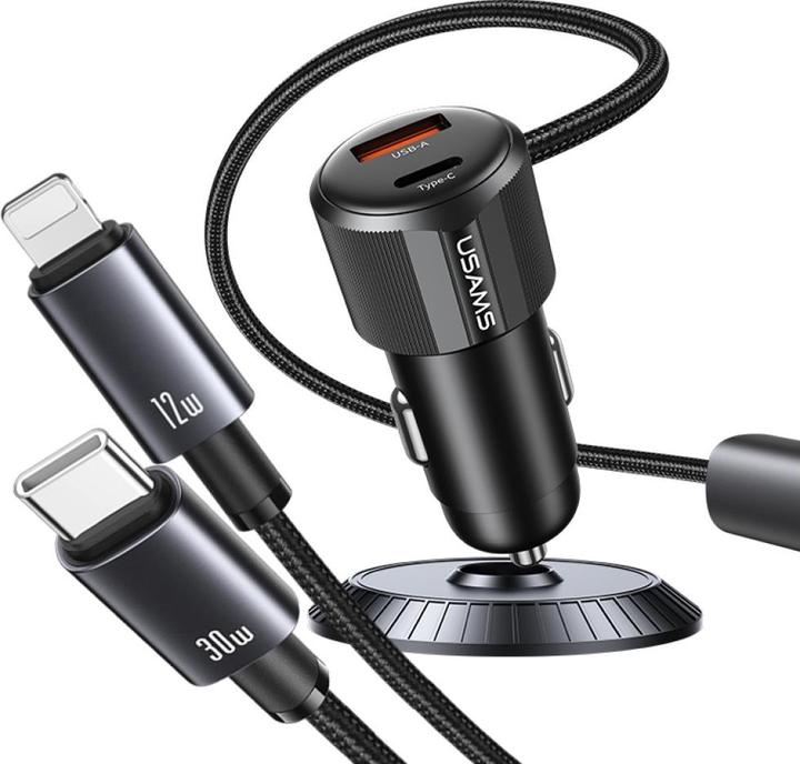 Produktbild Usams YT Series CC287 Car Charger 66W 1xUSB-A 1xUSB-C + 2in1 USB-C/Lightning Cable
