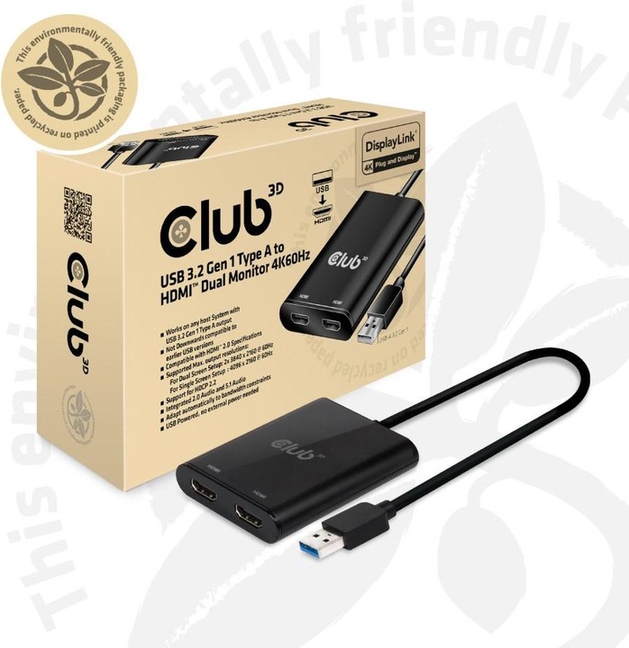 Actual product image Club 3D USB A to HDMI 2.0 Dual Monitor 4K 60Hz Adapter