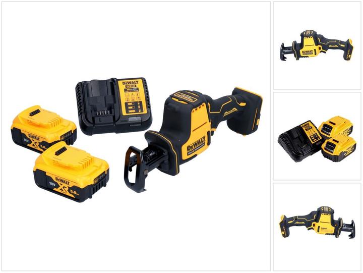 1x Dewalt DCB charger, 2x Dewalt DCB 184 18 V 5 Ah Li-Ion battery, 1x DeWalt DCS 369 cordless reciprocating saw
