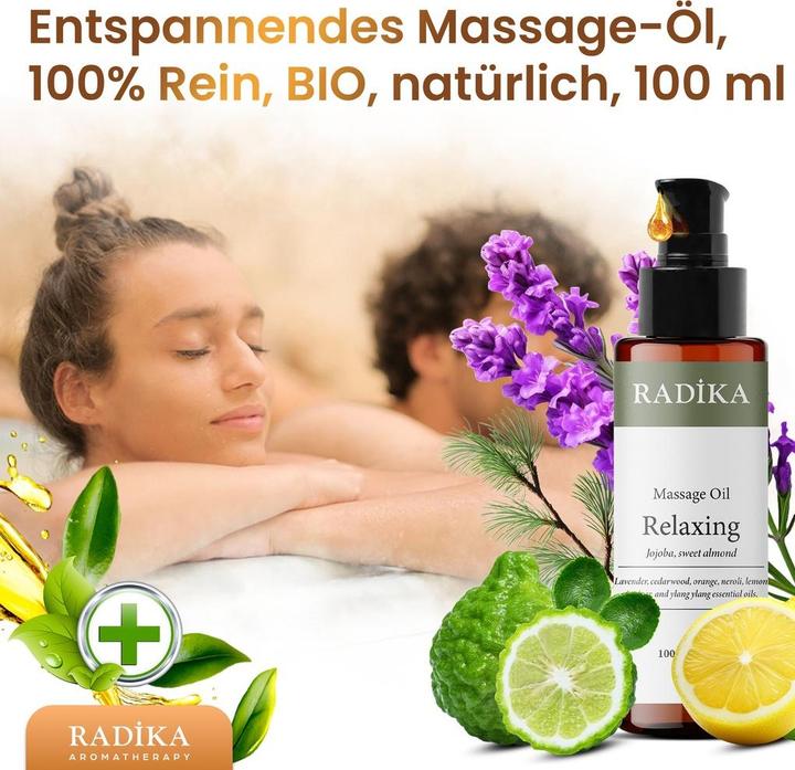 Productafbeelding Radika Massageöl, Entspannendes Massage-Öl, 100% Rein, BIO, natürlich, 100 ml (100 ml)