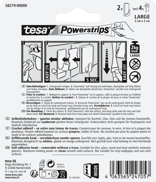 Nährwerte und Zutaten tesa Powerstrips Klebehaken LARGE Eckig - 2 x selbstklebende Wandhaken