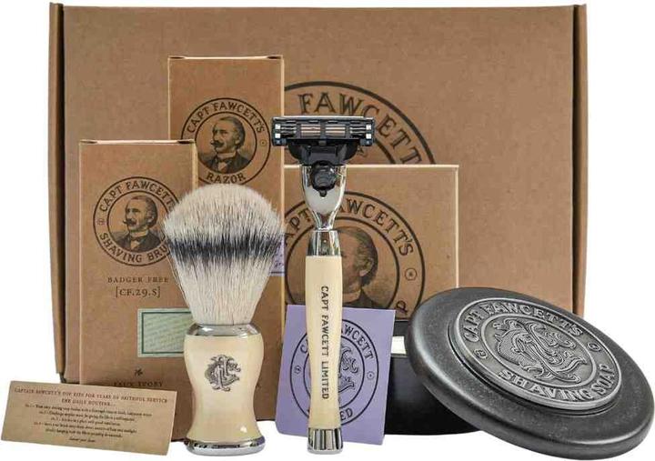 Immagine prodotto Captain Fawcett Pennello da barba in finto tasso, rasoio di sicurezza artigianale e rasoio di lusso. (Sapone da barba, Gel da barba)