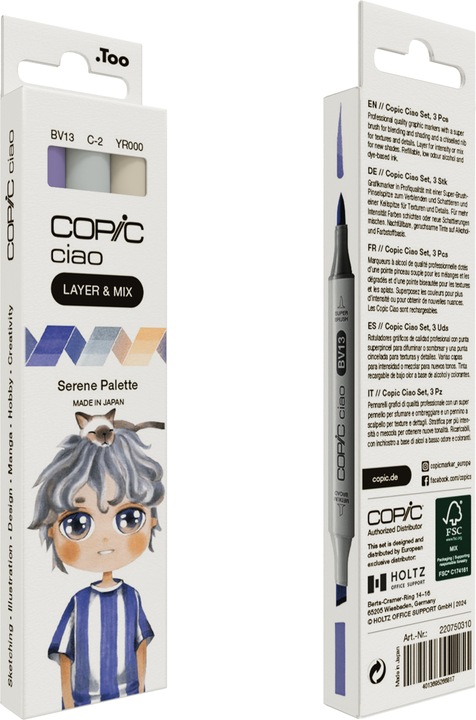 Actual product image Copic CIAO - Brand (C-2 Cool Gray No. 2, YR-000 Silk, BV-13 Hydrangea Blue, 6 mm, 3 x)