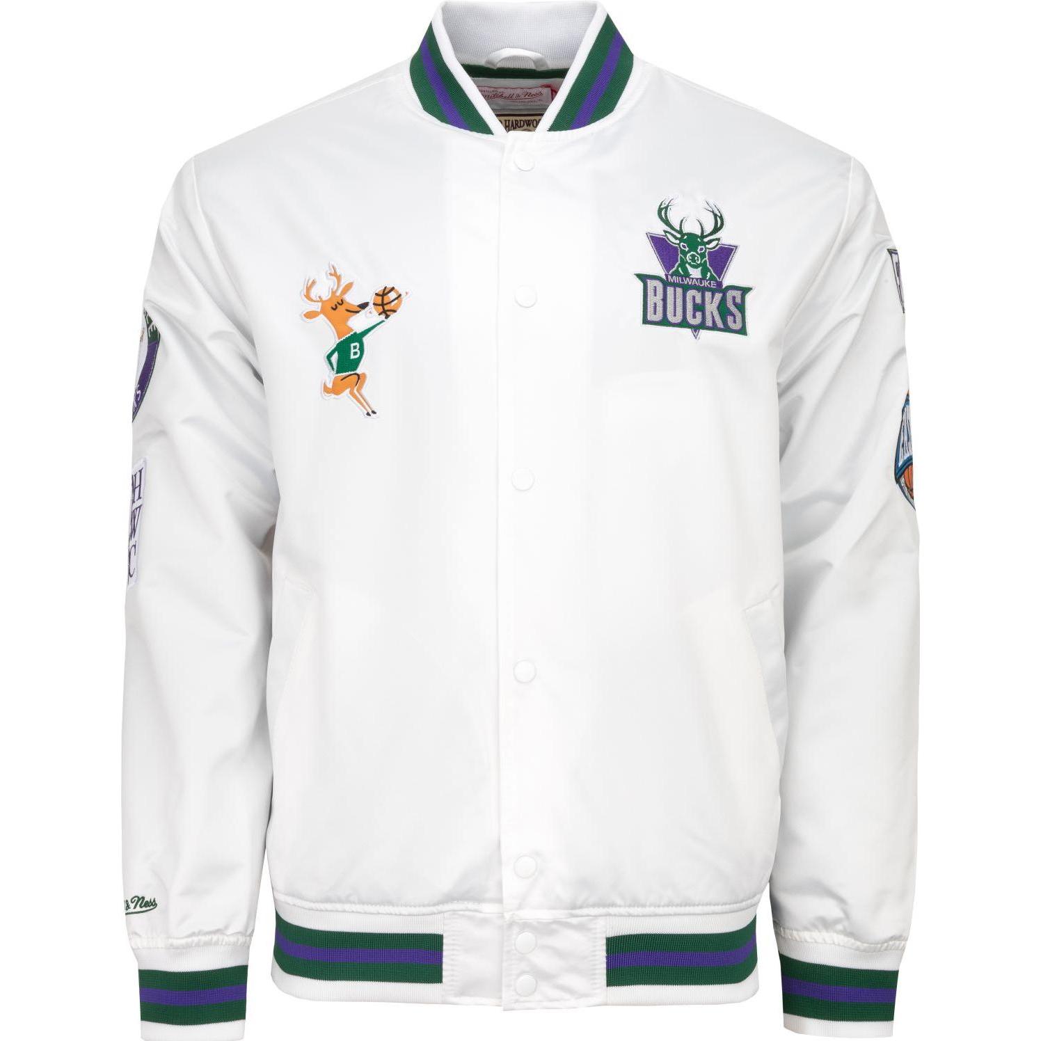 Mitchell & Ness, Herren, Jacke, City Lightweight Satin Jacke - Milwaukee Bucks - XXL (XXL), Weiss, XXL