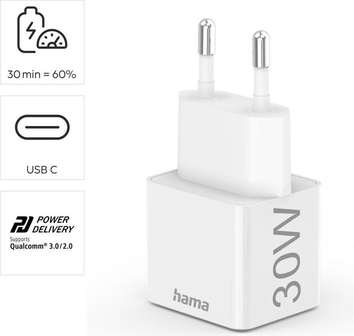 Produktbild Hama Schnellladegerät, USB-C, PD/Qualcomm®/GaN, Mini-Ladegerät, 30 W, Weiss (30 W, 1 Port)