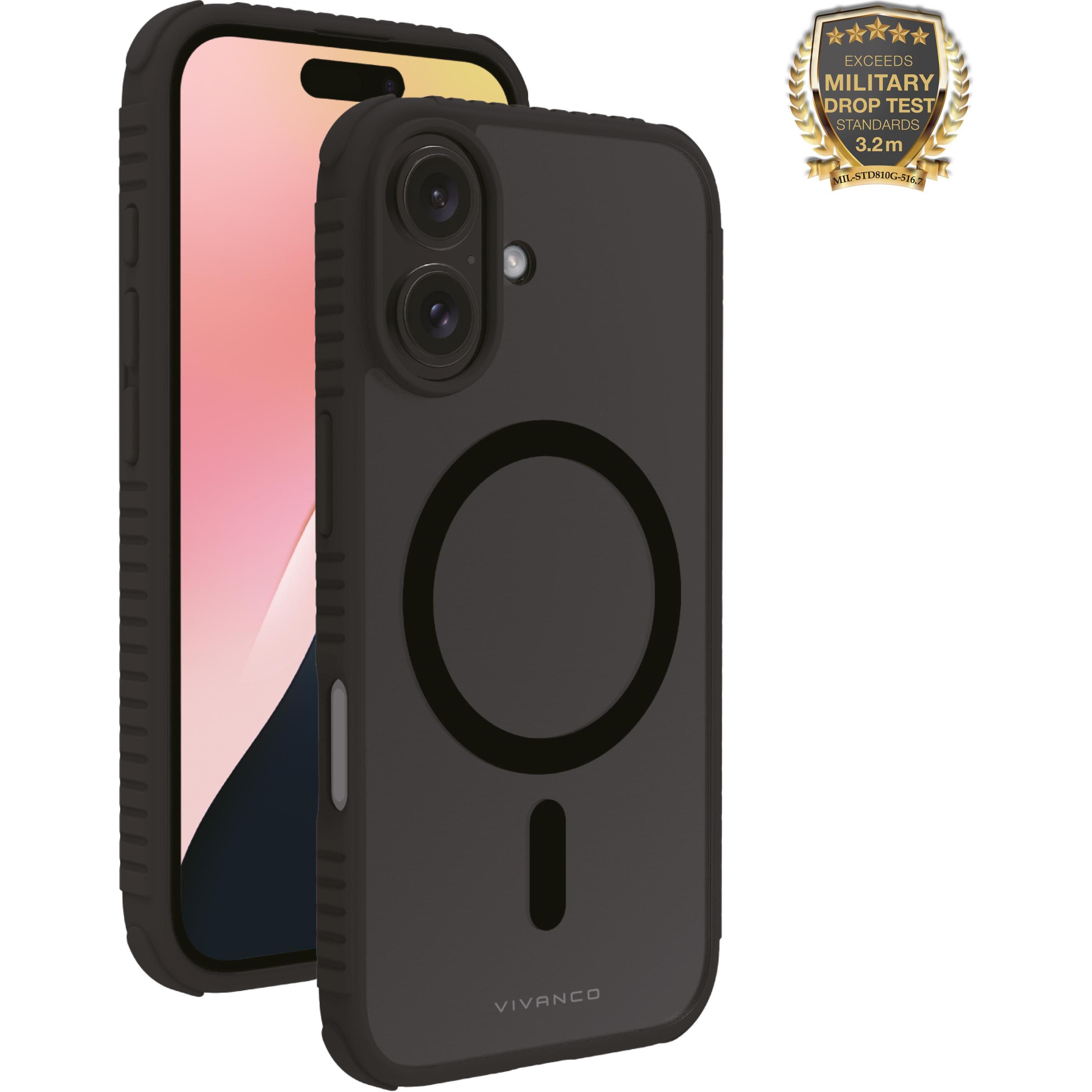Vivanco MAG SOLID ELITE Cover fuer iPhone 16, semi-transp. schwarz, 3.2m Drop-Protection, MagSafe Support (Apple iPhone ...
