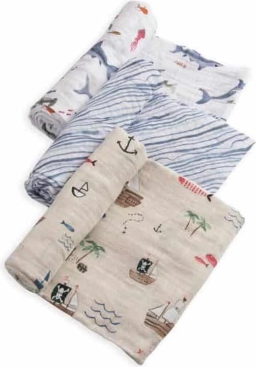 little unicorn Cotton Muslin Swaddle 3 Pack - Shark (120 cm, 120 cm)