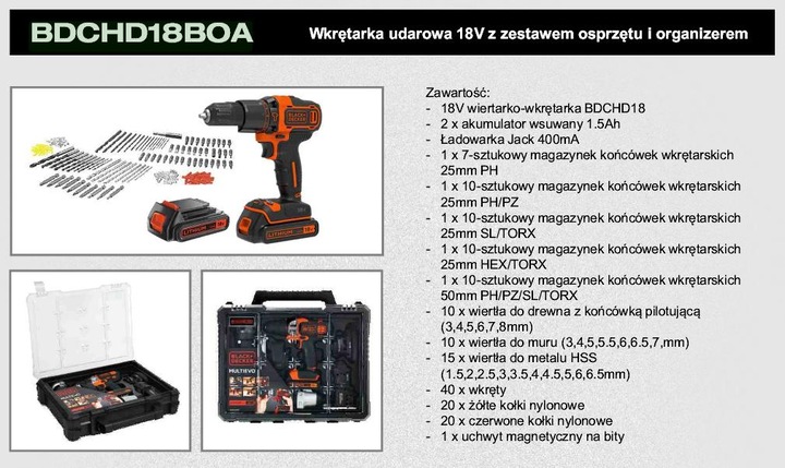 Image du produit Black & Decker BDCHD18BOA, 2 piles & 160 pcs. Ensemble d'accessoires (Fonctionnement sur batterie)