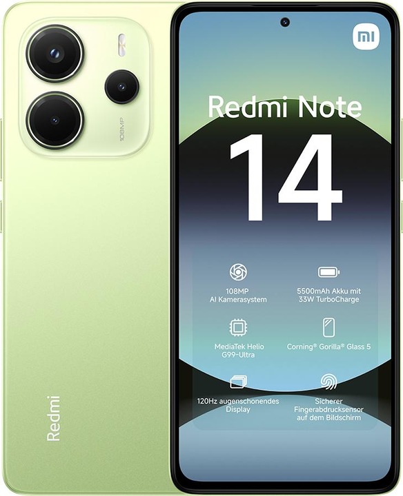 Image du produit Xiaomi Redmi Note 14 (128 Go, Vert citron vert, 6.67", Double SIM hybride, 108 Mpx, 4G)