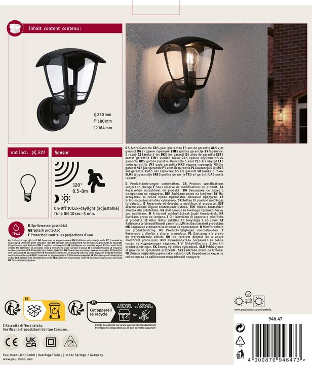 Image du produit Paulmann Luminaires Classic curved PIR (E27, IP44)