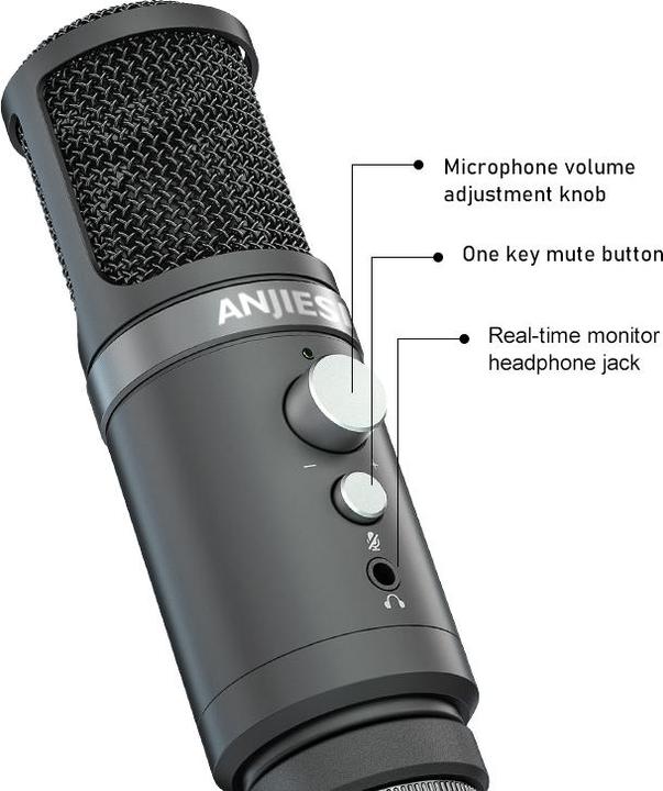 Actual product image PhoneLook Hi-Rec microphone professionnel aluminium pour studio et podcast incl. pied ajustable et prise AUX