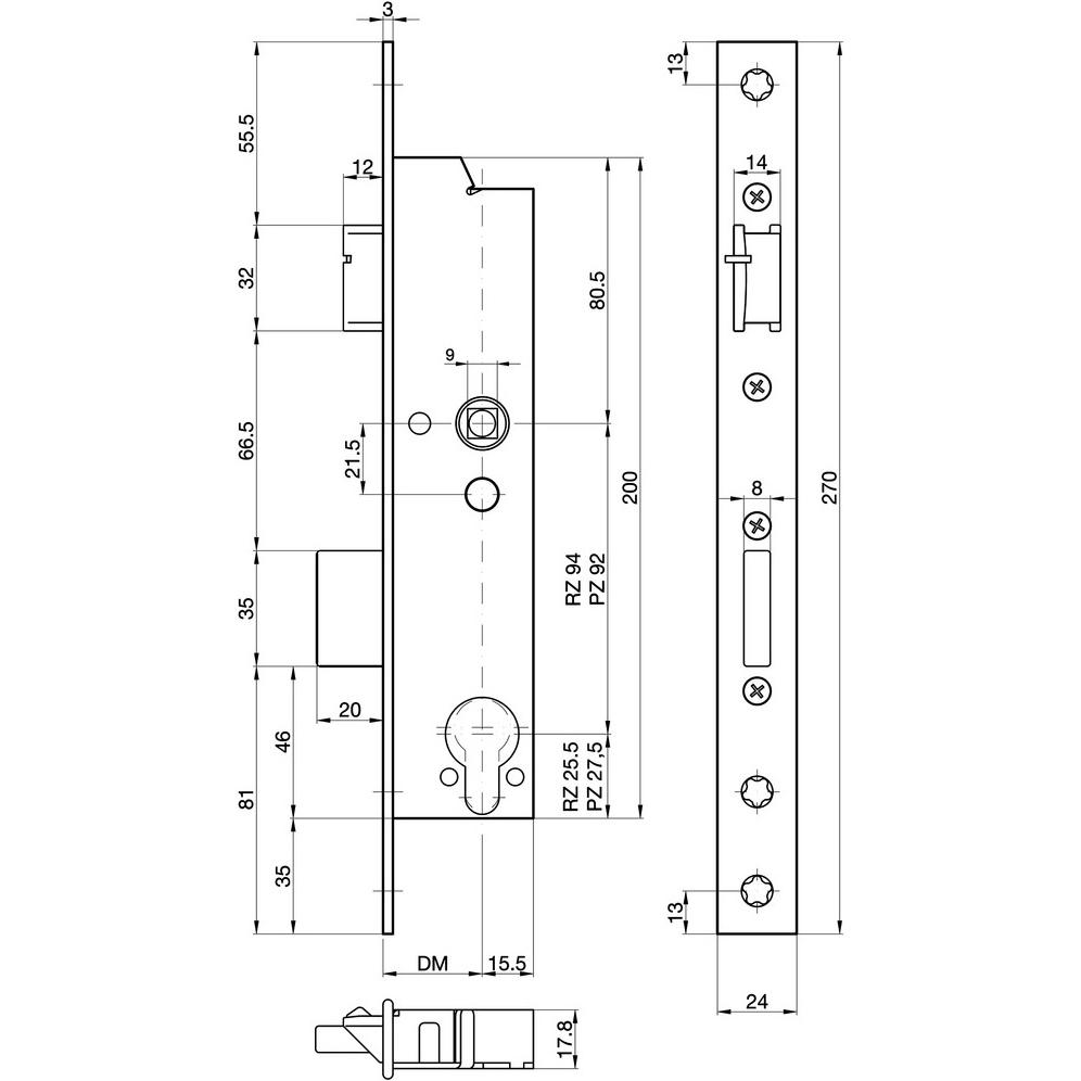 Thumbnail - MSL, Türschloss + Schliesszylinder, Rohrrahmen-Panik-Sicherheits-Einsteckschloss DELTA 19546 PBa-SV (Einsteckschloss)