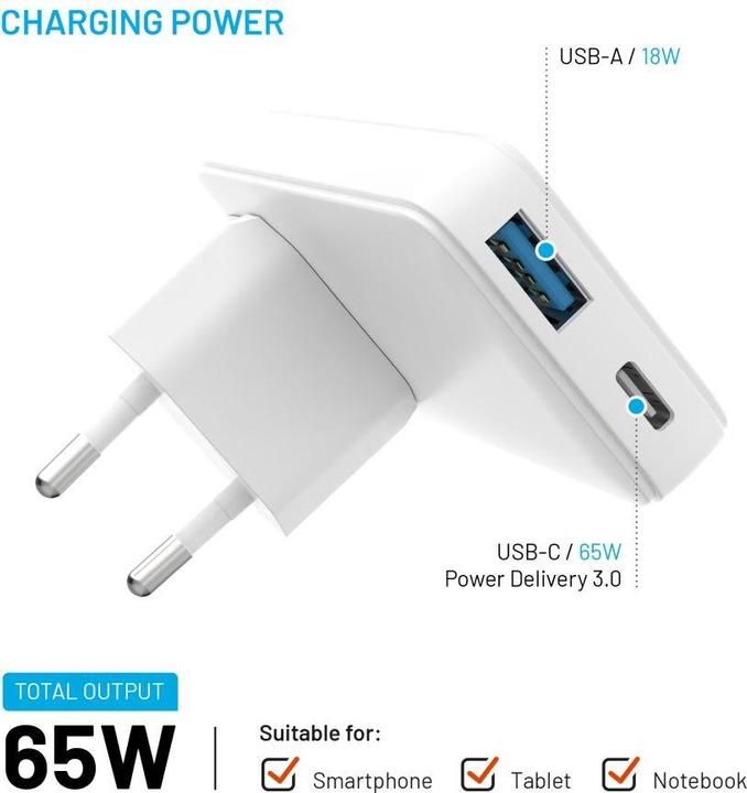 Actual product image Fixed Slim Traveller USB-C/USB Travel Charger with world adapters, GaN, 65W, white (65 W, 2 ports)