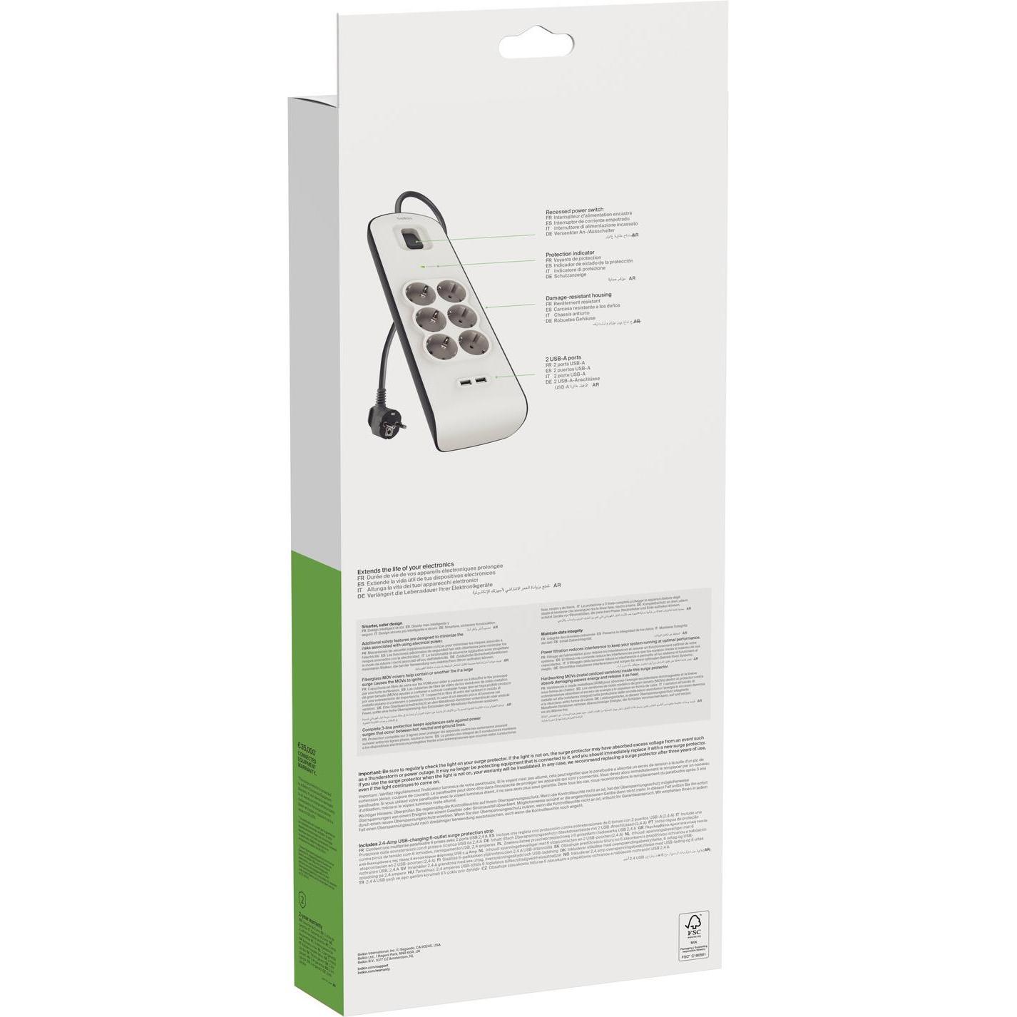 Thumbnail - Belkin, Steckdosenleiste, Steckdosenleiste 6-fach + 2xUSB-A, 2m Kabel BSV604vf2M-V2 (6 x, USB, 2 m)