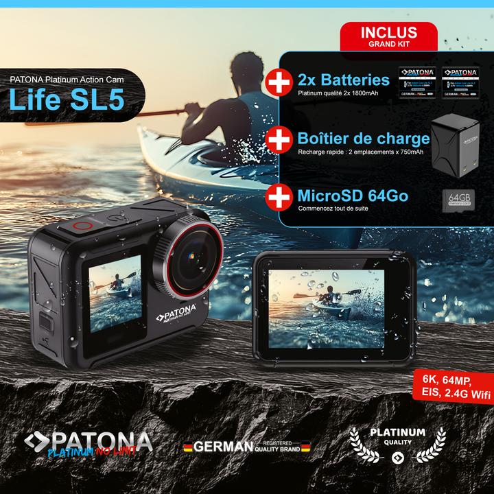 Produktbild Patona BIG SET Action Cam Life SL5 6K 90fps 64MP EIS 170° 7G Akkus+Dualladegerät+64GB Karte+Zubehör (30p, WLAN)