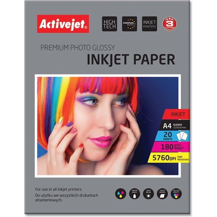Activejet AP4-180G20 Fotopapier Glanz (180 g/m², 21 x 29.7 cm, 20 x), Fotopapier, Weiss