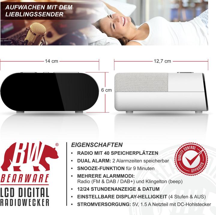 Actual product image Bearware Radiowecker digital, DAB+ Radio, Wecker, Alarm & Snooze, 4 Helligkeitsstufen, USB Ladeport