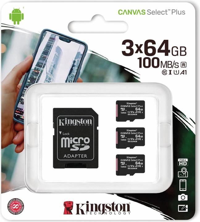 Productafbeelding Kingston Canvas Select Plus microSD 64GB Multi-Pack van 3 (64 GB, microSDXC, U1, UHS-I)