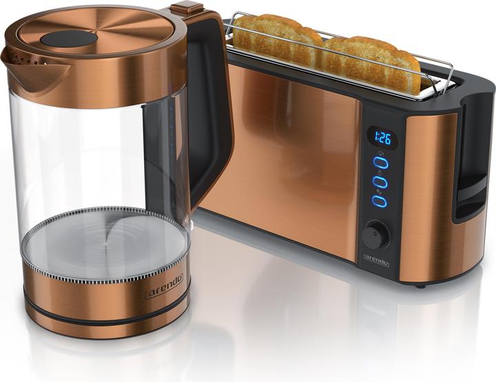Produktbild Arendo Frühstücks Set, Glas Wasserkocher 1,7l 2200W & 2-Scheiben Langschlitz Toaster, Edelstahl, Kupfer (1.70 l)