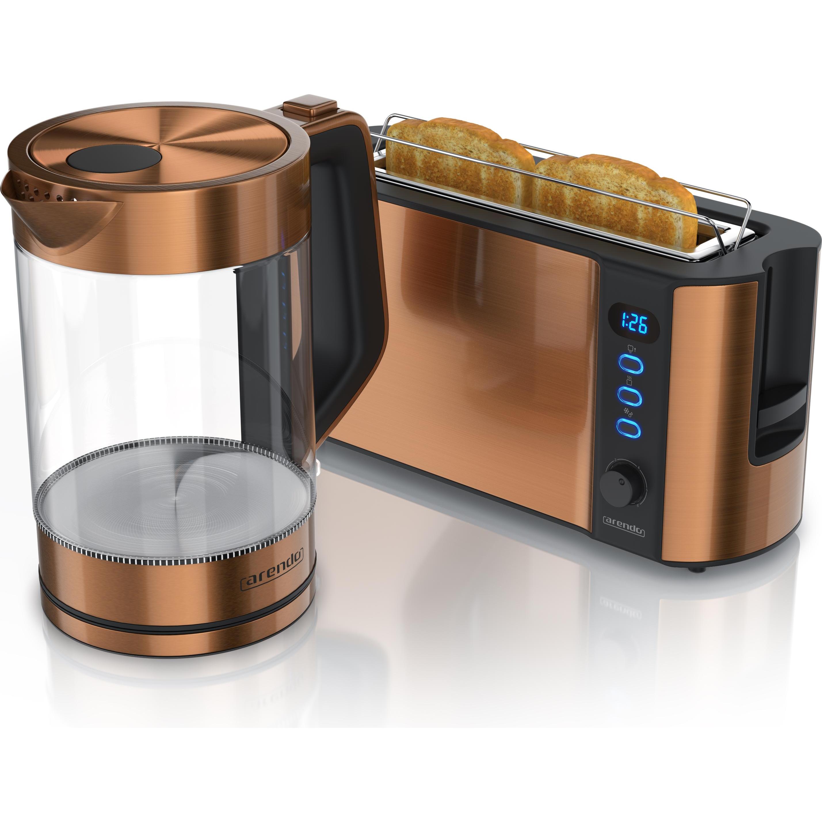 Arendo Frühstücks Set, Glas Wasserkocher 1,7l 2200W & 2-Scheiben Langschlitz Toaster, Edelstahl, Kupfer, Wasserkocher, K...