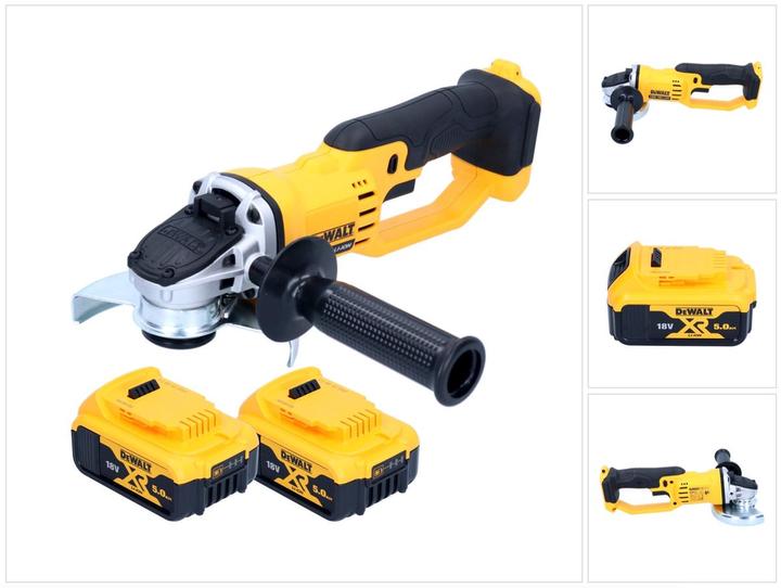 1x DeWalt DCG 412 cordless angle grinder - 1x additional handle - 1x protective cover for grinding - 2x DeWalt DCB 184 5.0 Ah XR battery - without charger