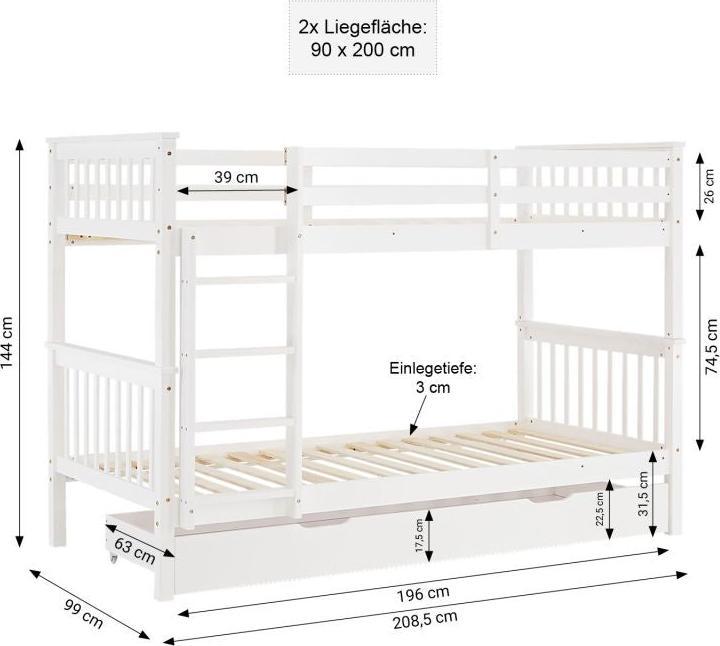 Produktbild Homestyle4u Kinder Etagenbett mit Bettkasten (90 x 200 cm)