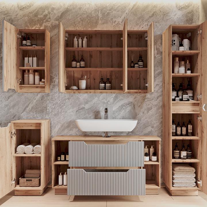 Actual product image Vicco Waschbeckenunterschrank Lotta, Eiche/grau gestreift, 119.2 x 62.5 cm mit 2 Schubladen (119.20 x 32 x 62.50 cm)