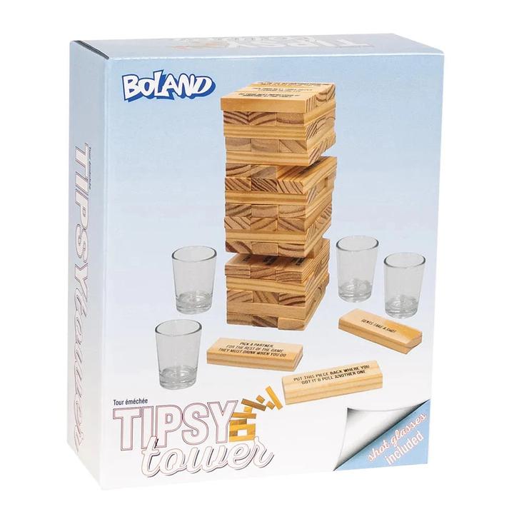 Boland Trinkspiel Drinking Tower 4 Glas-Schnapsgläser, 54 Holzklötze