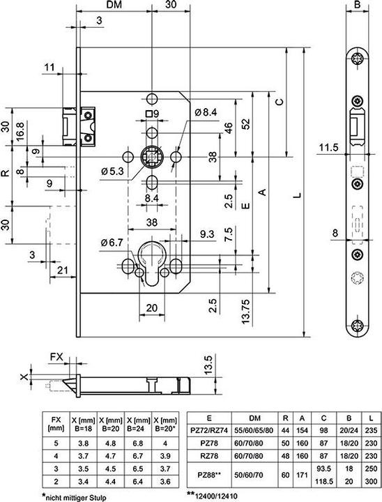 Actual product image Glutz Schloss 12302.7/60/78, 18/9mm DIN R (Mortise lock)