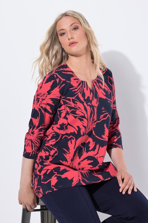 Image du produit Ulla Popken T-shirt#, motif floral, silhouette en A, col V, manches 3/4 (46, 48)