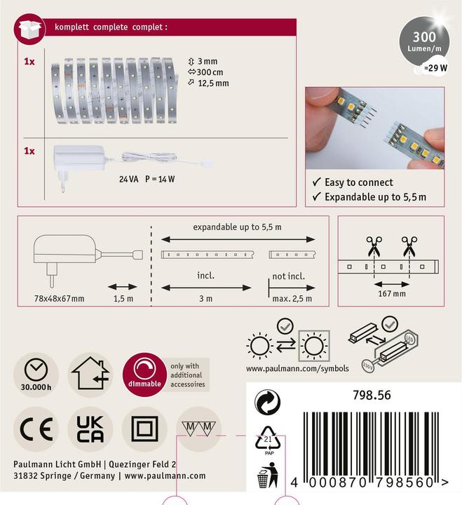 Productafbeelding Paulmann MaxLED (Daglicht, 300 cm, Interieur)