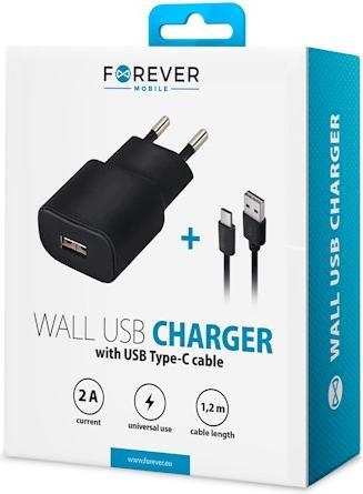 Produktbild Forever TC-01 Ladegerät 1x USB 2A schwarz + USB-C Kabel