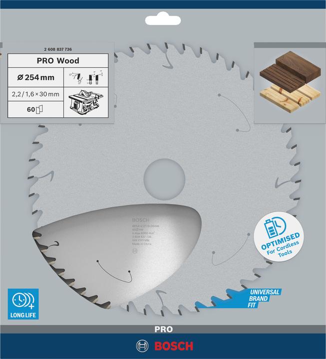 Productafbeelding Bosch Professional Zubehör Cirkelzaagblad Standaard voor hout, 254x2,2/1,6x30,60 tanden