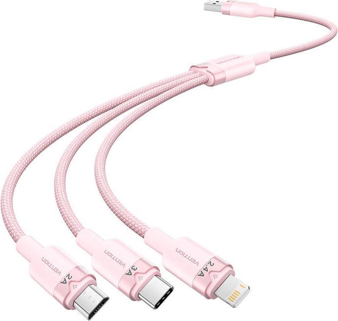 Actual product image Vention USB 2.0 A to 3in1 3A cable CTPPG 1.5M (pink) (1.50 m, USB 2.0, 60 W)