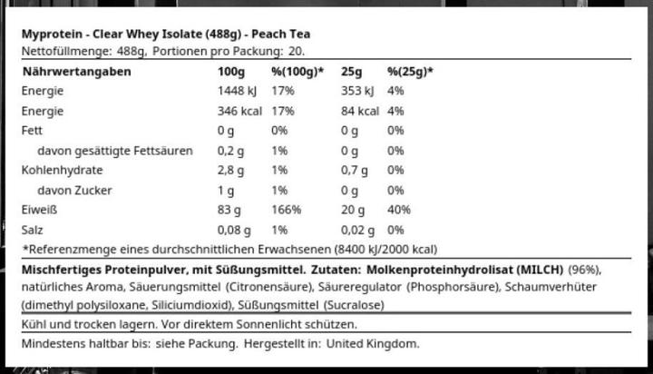 Nährwerte und Zutaten MyProtein Clear Whey Isolate (Peach Tea, 1 Stk., 488 g)