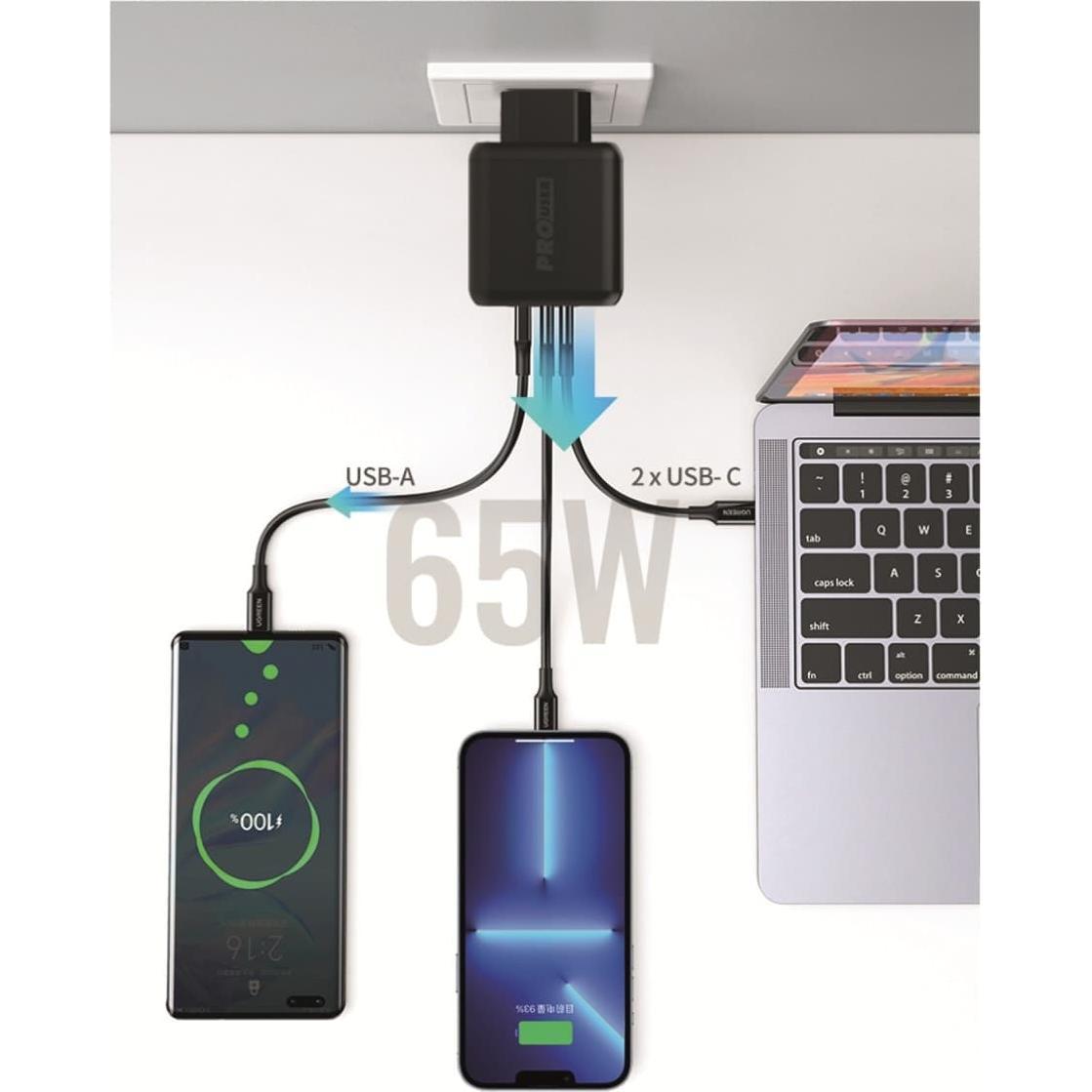 Thumbnail - ProUser USB-Lader PRO USER 20198, 3-fach, 65W, 2x USB-C, 1x USB-A, schwarz (65 W), USB Ladegerät, Schwarz