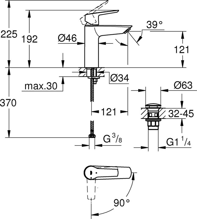 Actual product image Grohe Start QuickFix lavabo faucet, middle position cold, push-open drain, M-Size, chrome