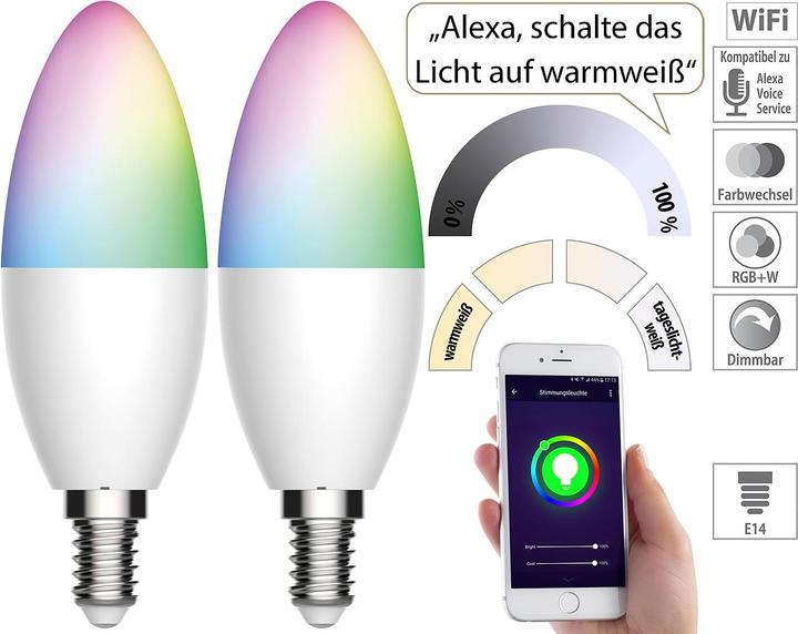 Image du produit Luminea Lot de 2 ampoules LED WLAN, pour Amazon Alexa/GA, E14, RGB, CCT, 5,5 W (E14, 470 lm, 2 x)