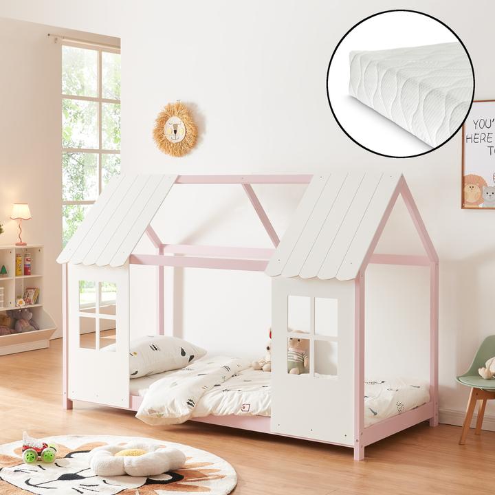Actual product image En.Casa Halboffenes Kinderbett Tostedt mit Matratze 90x200 cm Rosa/Weiss (90 x 200 cm)