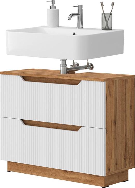 Actual product image Vicco Waschbeckenunterschrank Lotta, Eiche/weiss gestreift, 79.6 x 62.5 cm mit 2 Schubladen (79.60 x 32 x 62.50 cm)