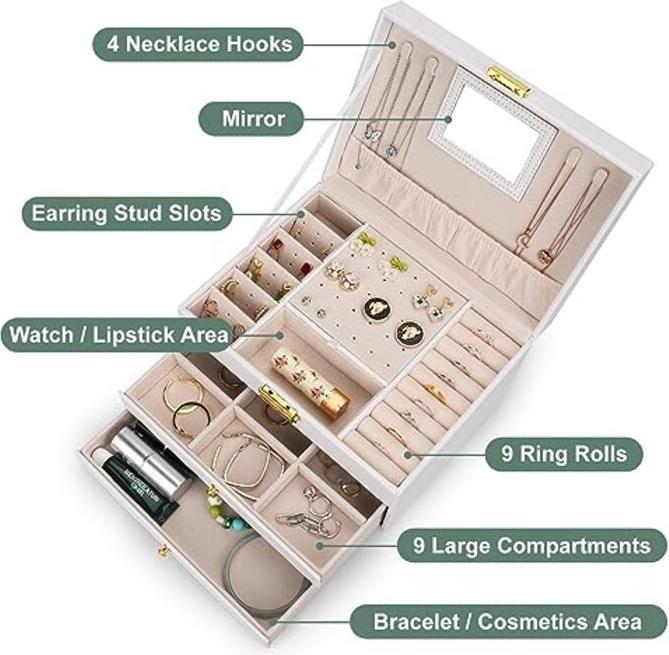 Produktbild Only-Bags.Store Schmuckkästchen mit 3 Ebenen, 2 Schubladen Schmuckkästchen PU-Leder-Schmuckaufbewahrung