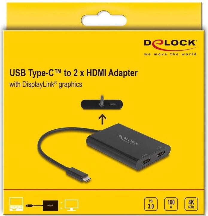 Produktbild Delock Adapter USB Type-C zu 2 x HDMI 4K 60 Hz mit DisplayLi (HDMI, USB Typ-C, 9 cm)