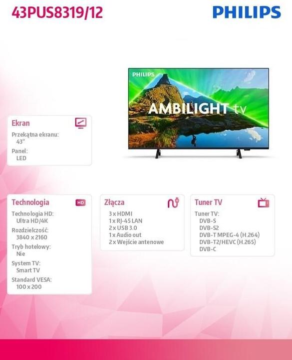 Immagine prodotto Philips 43PUS8319/12 (43", HE43, LCD, 4K)